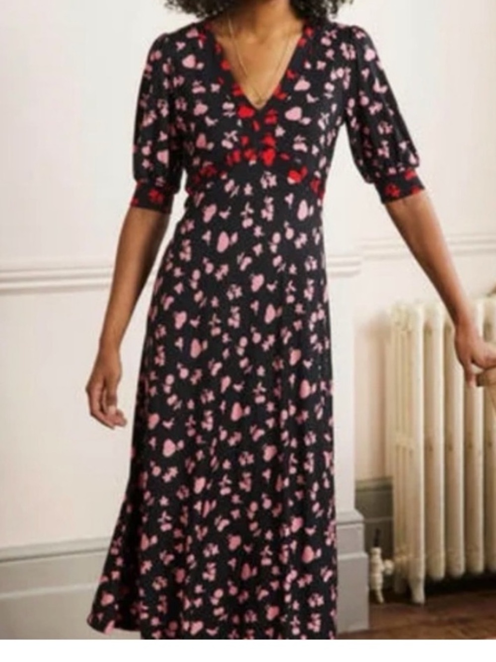 Boden Eva Black Dress with Pink Floral Print and Contrast Trim